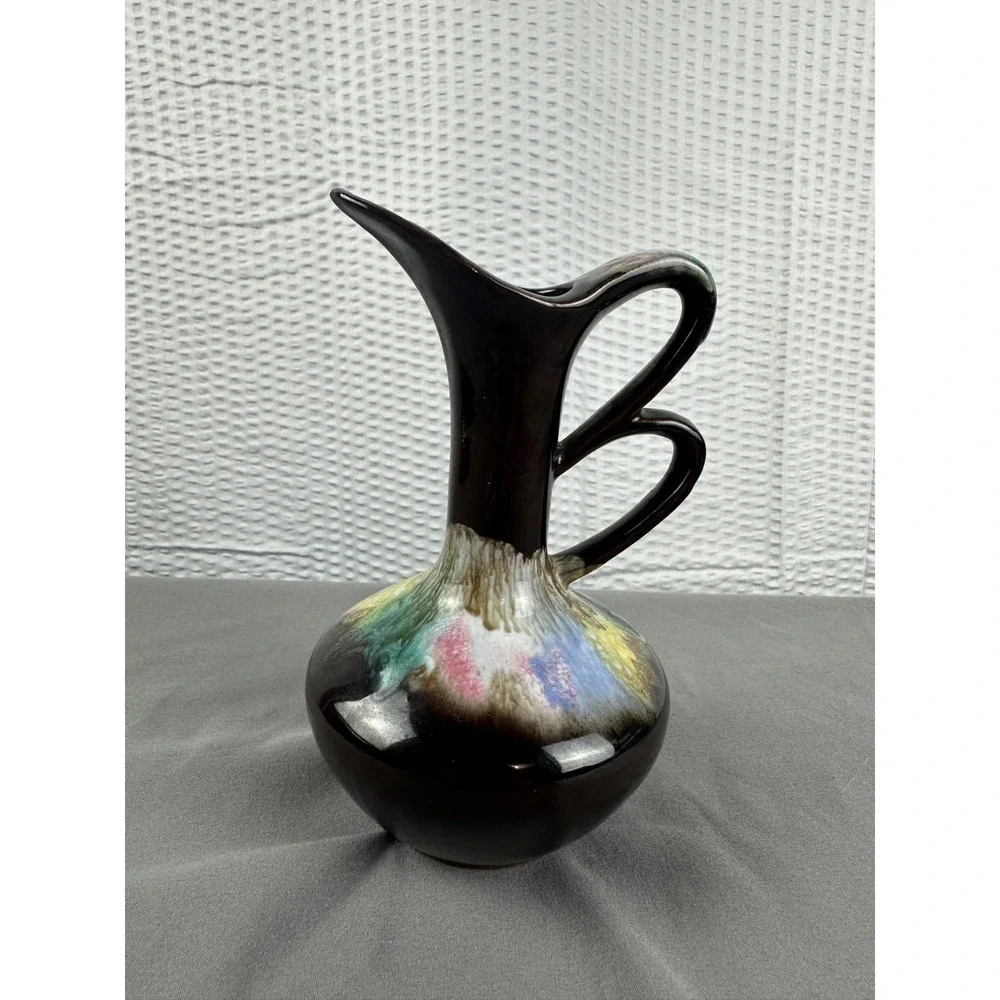Sonsco Japan Redware Ceramic Pitcher Vase‎ Brown Multi Color Drip Glaze VTG